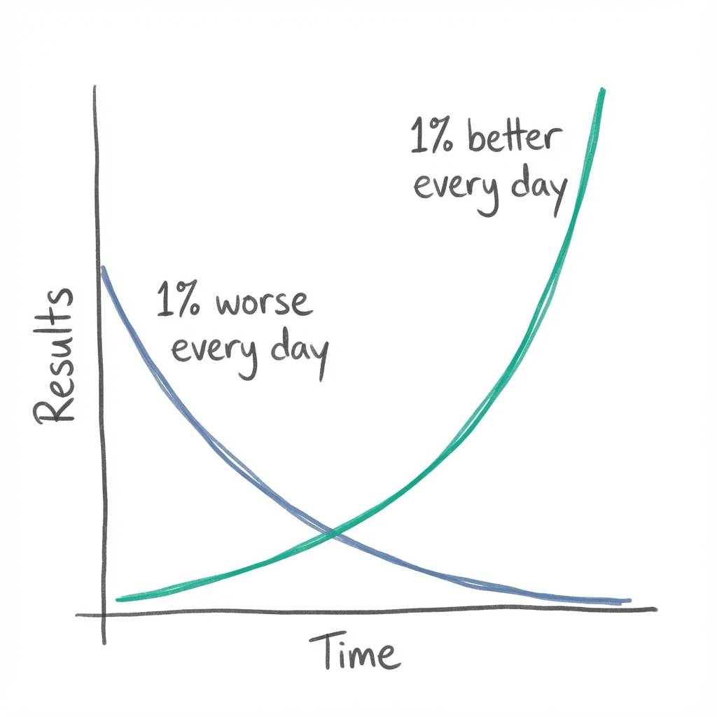 The 1% Rule: a graph showing how daily 1% improvements compound to 37x growth over a year, while 1% daily decline leads to near-zero