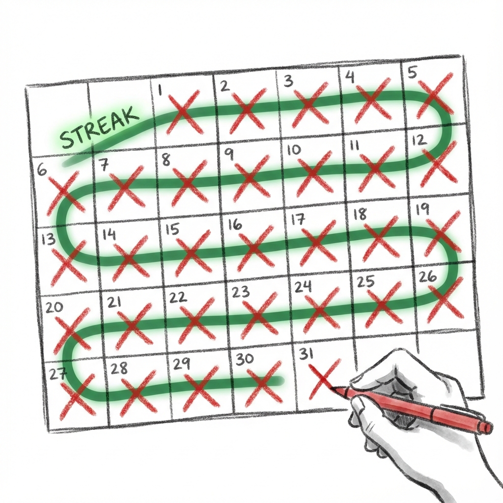 Don't Break the Chain: using a visual streak on a calendar to provide a small, immediate reward for every day you show up