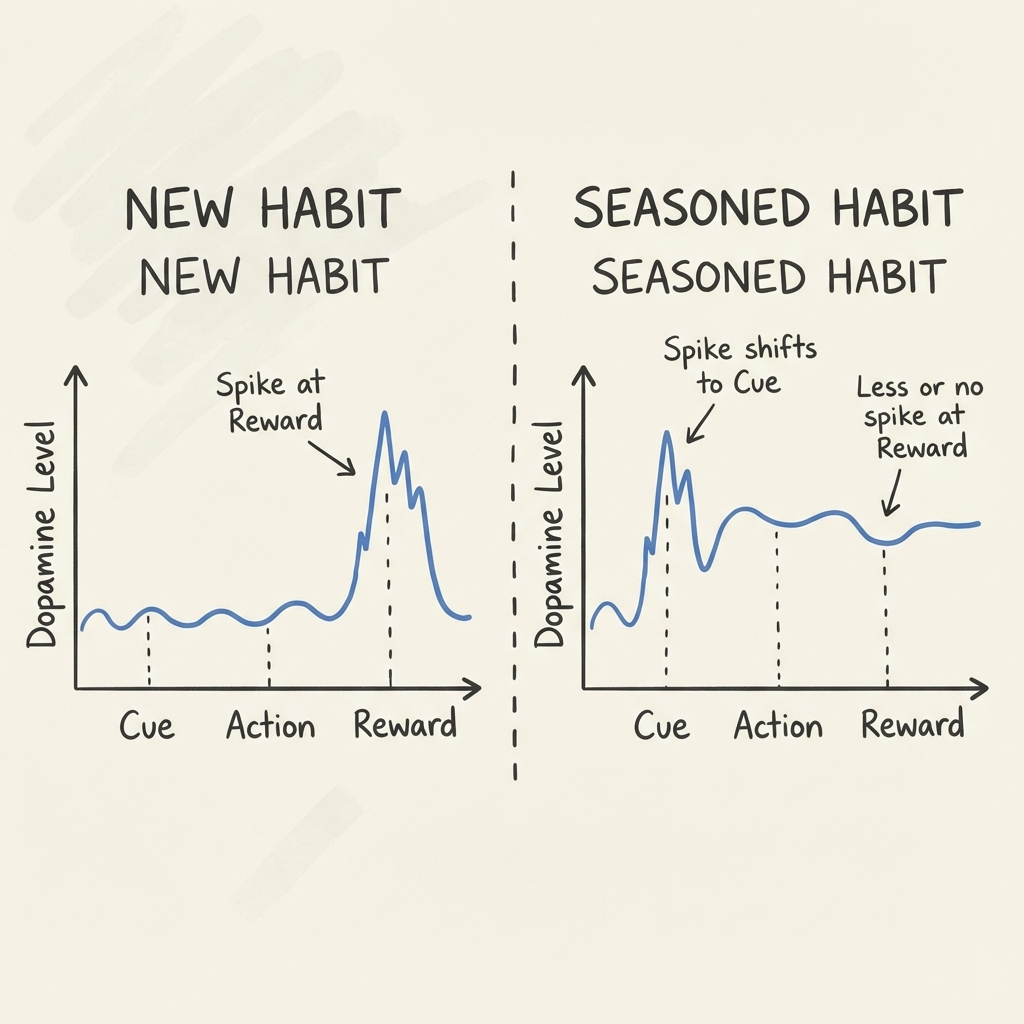 The Dopamine Spike: showing how the neurochemical reward shifts from the activity itself to the initial cue over time