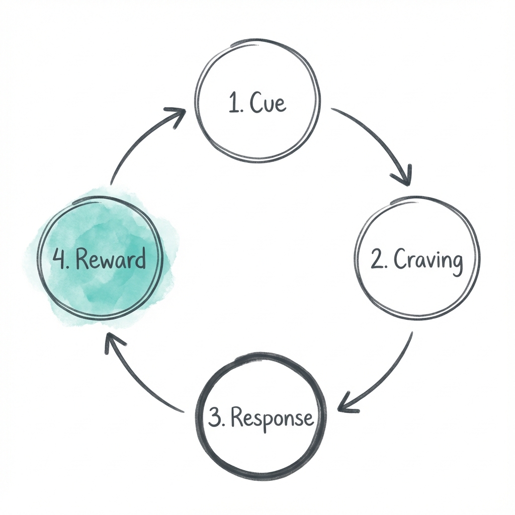 The Habit Loop: a four-stage cycle of Cue, Craving, Response, and Reward that runs continuously