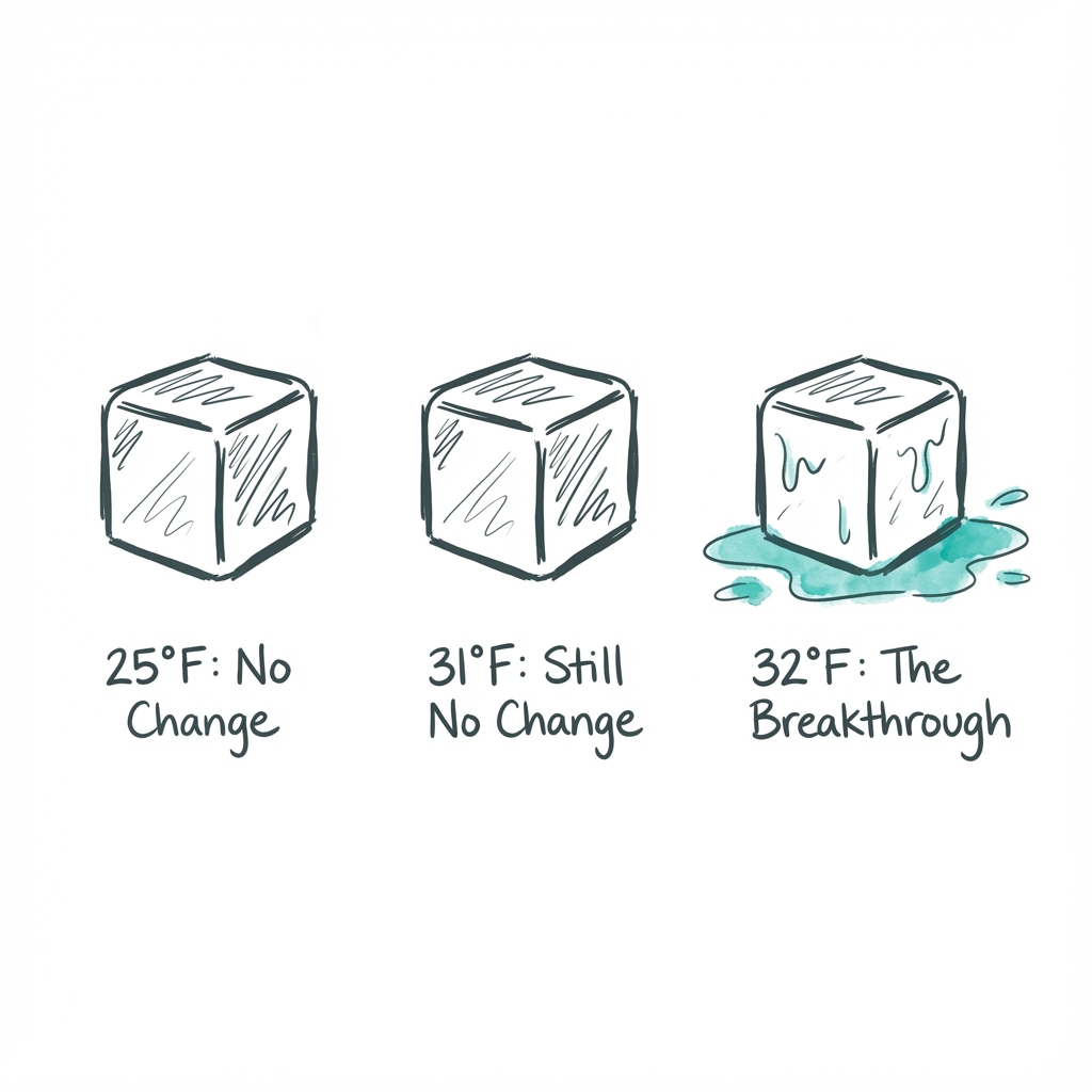 The Ice Cube Analogy: heating from 25 to 31 degrees shows no visible change, but 32 degrees triggers the breakthrough