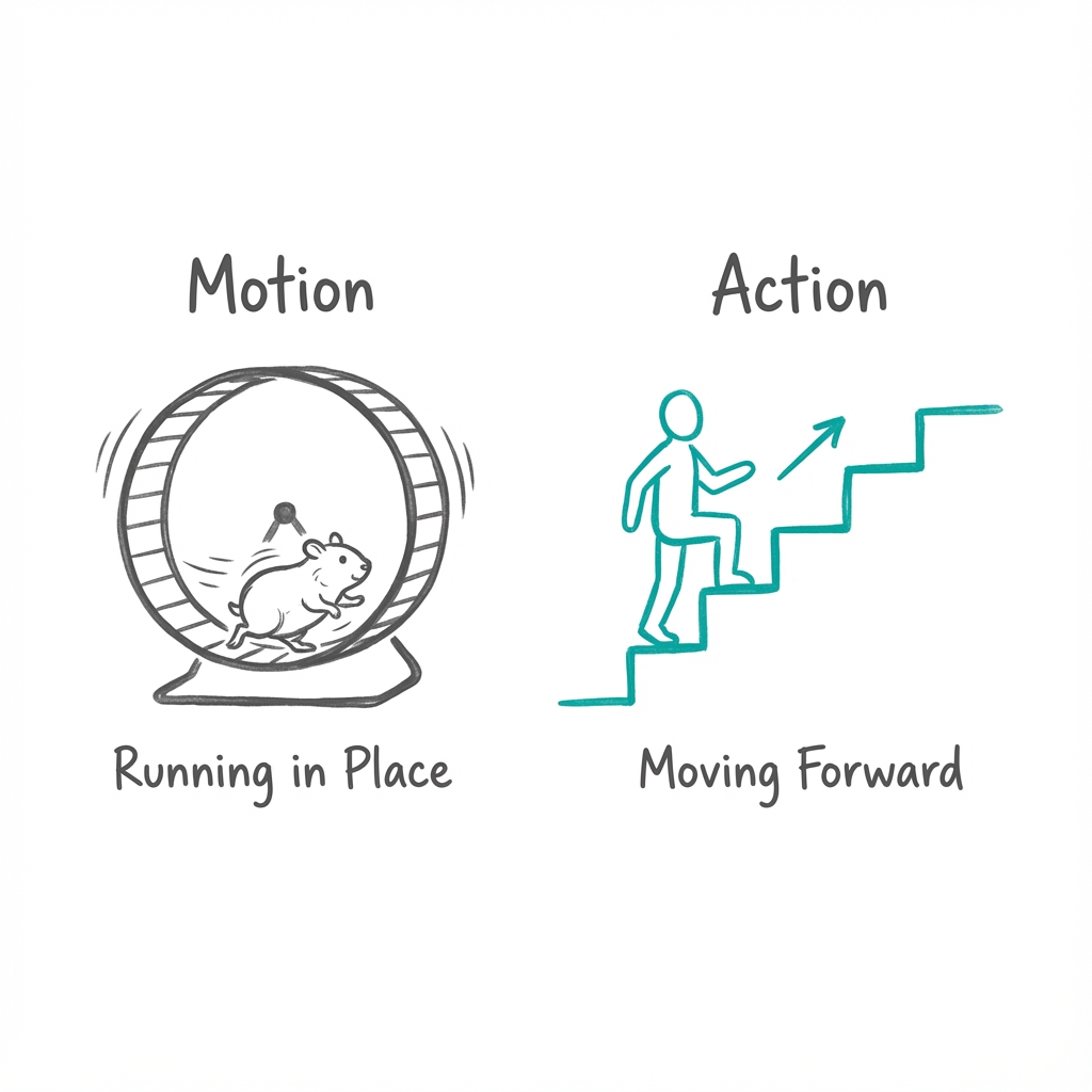 Motion vs Action: a hamster in a wheel compared to a person taking a single step toward progress