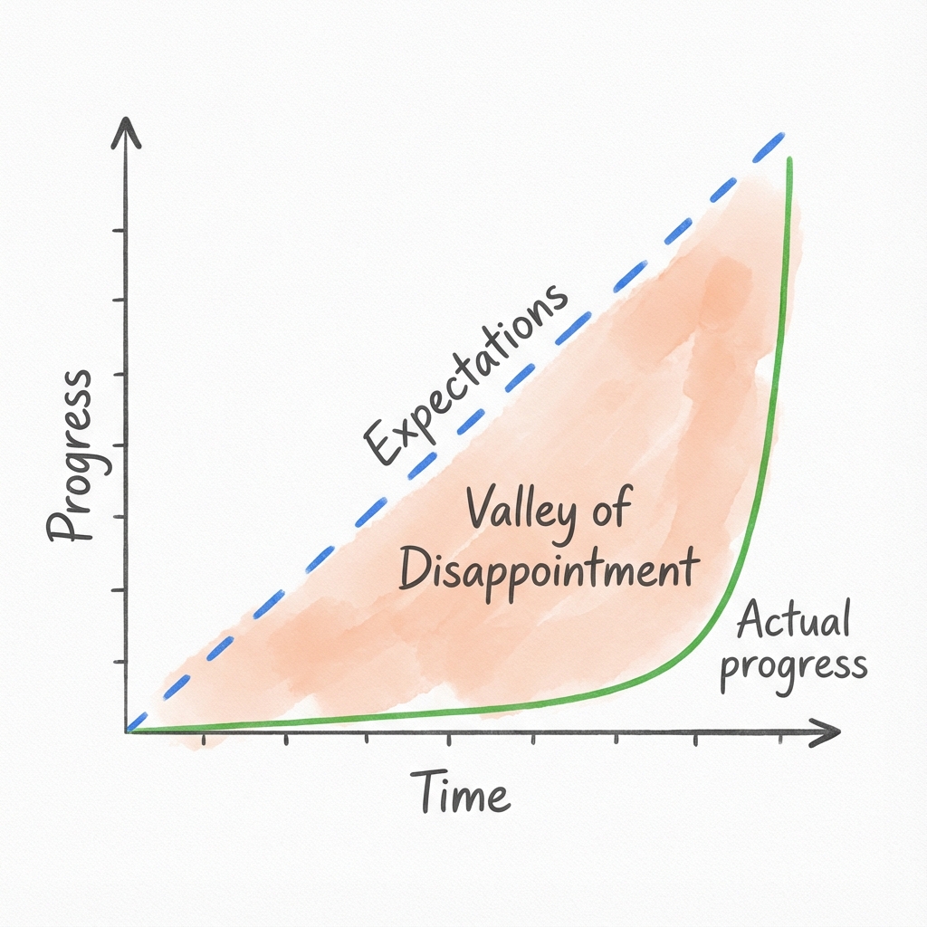 Plateau of Latent Potential: the gap between our linear expectations and the delayed, exponential reality of progress