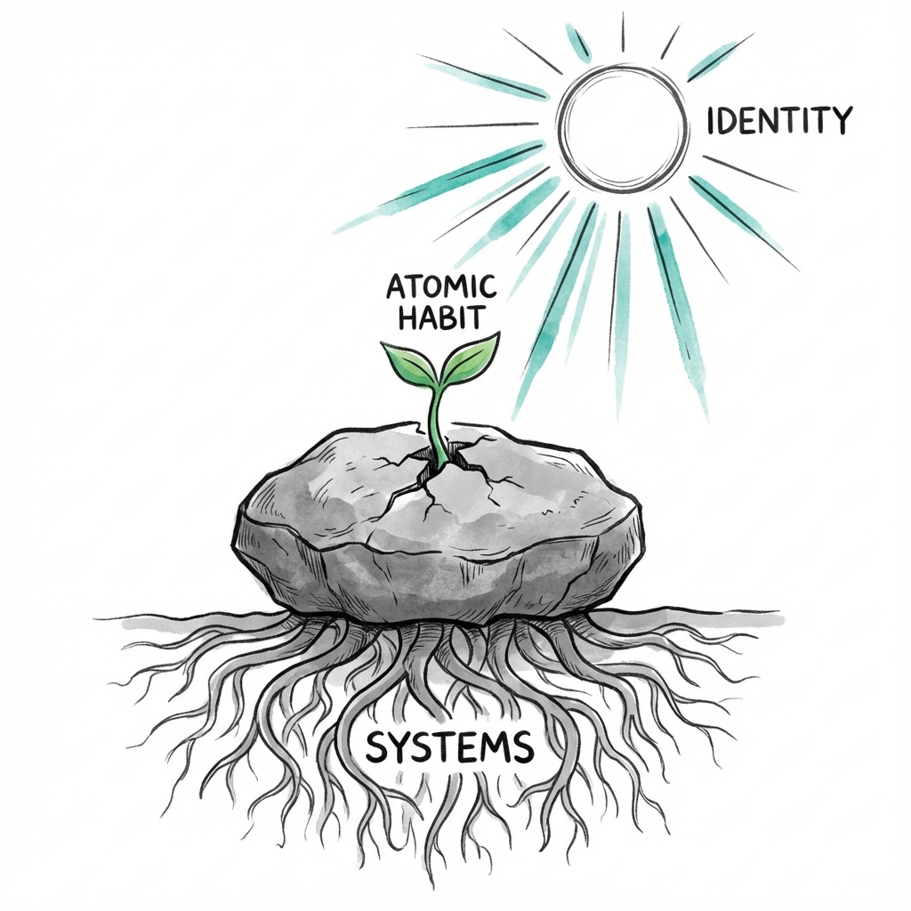 The Seed of Compounding: a small atomic habit growing into a powerful identity, supported by deep-rooted systems