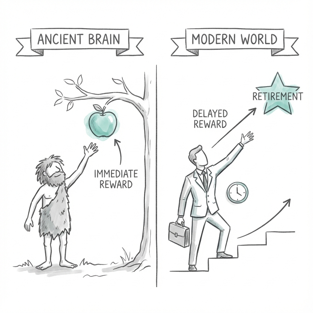 The Time Machine Mismatch: our ancient brains prioritize immediate rewards like food, while modern goals like retirement require delayed gratification