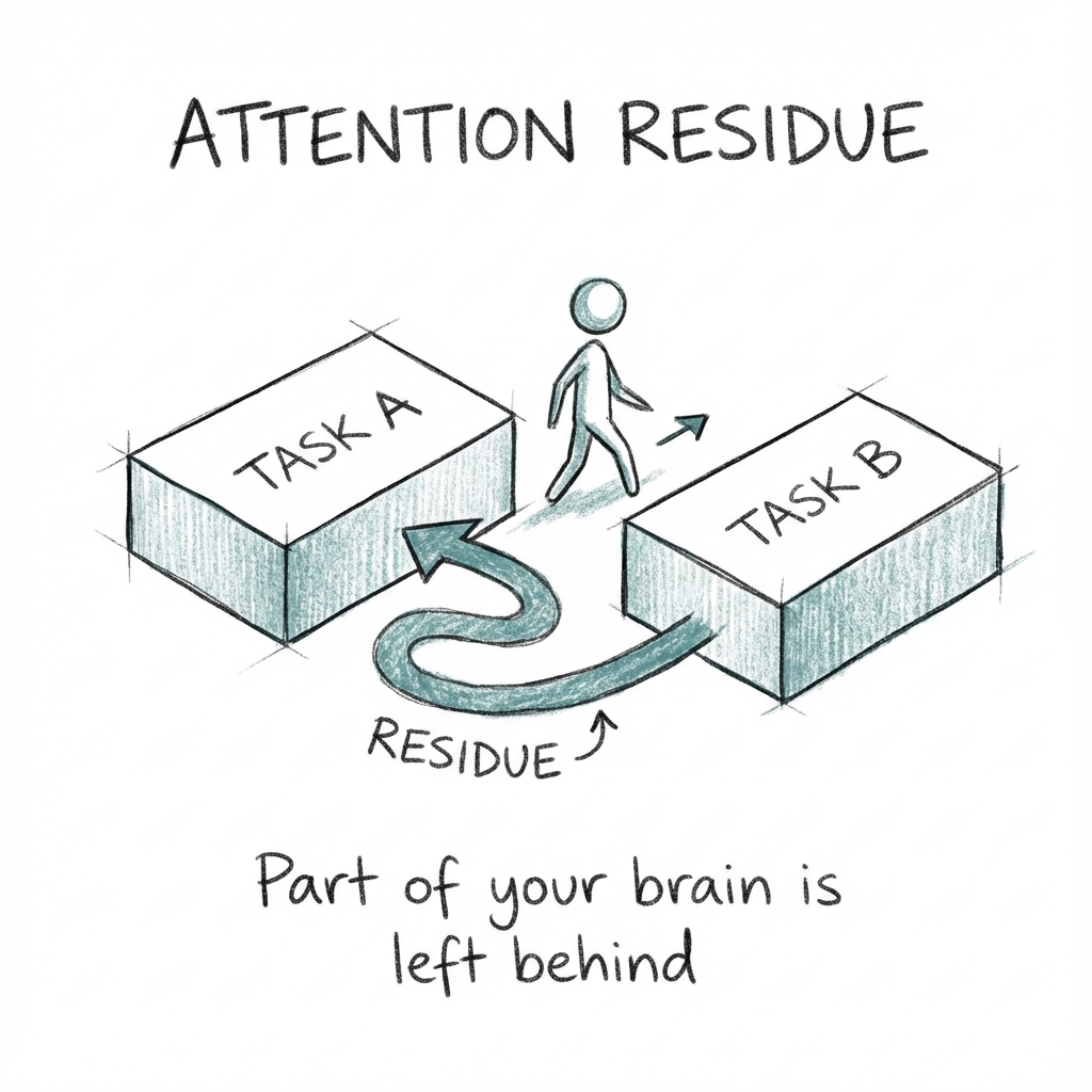Attention Residue: switching tasks leaves part of your mind stuck on the previous task, fragmenting focus