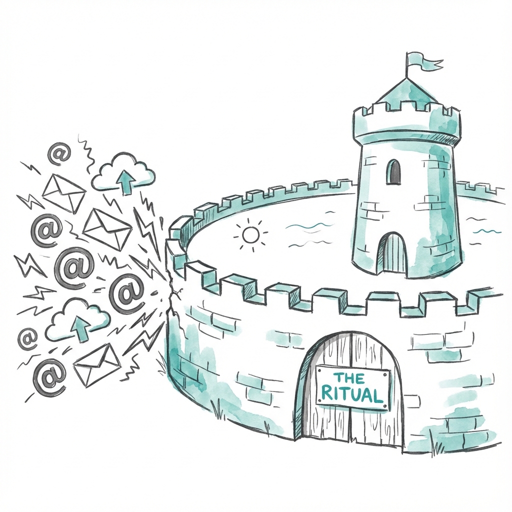 The Fortress of Ritual: a stone tower protected from the storm of digital notifications by the gate of daily rituals