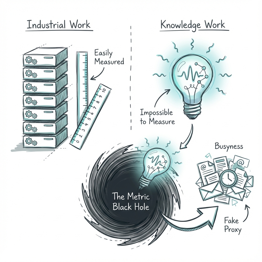 The Metric Black Hole: high-value deep work is invisible, so busyness becomes the false proxy for productivity