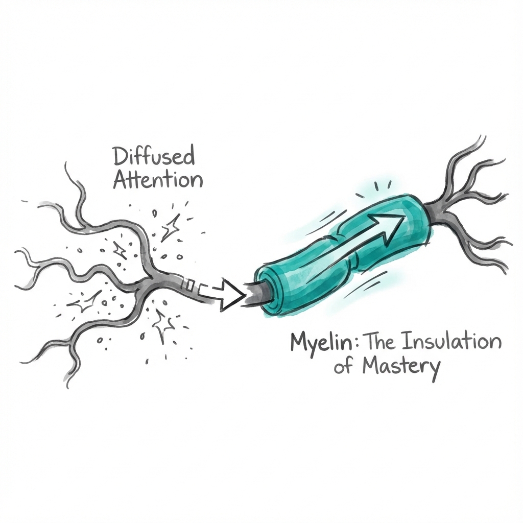 Myelin and Mastery: deep focus wraps neural circuits in insulation, allowing signals to fire faster and cleaner