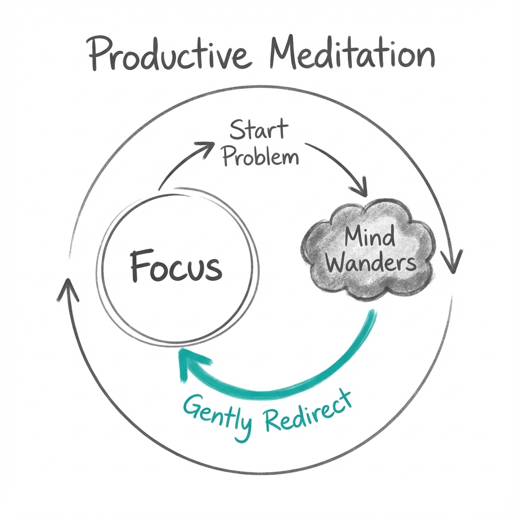 Productive Meditation: a loop showing the process of identifying mind-wandering and gently redirecting it to the problem