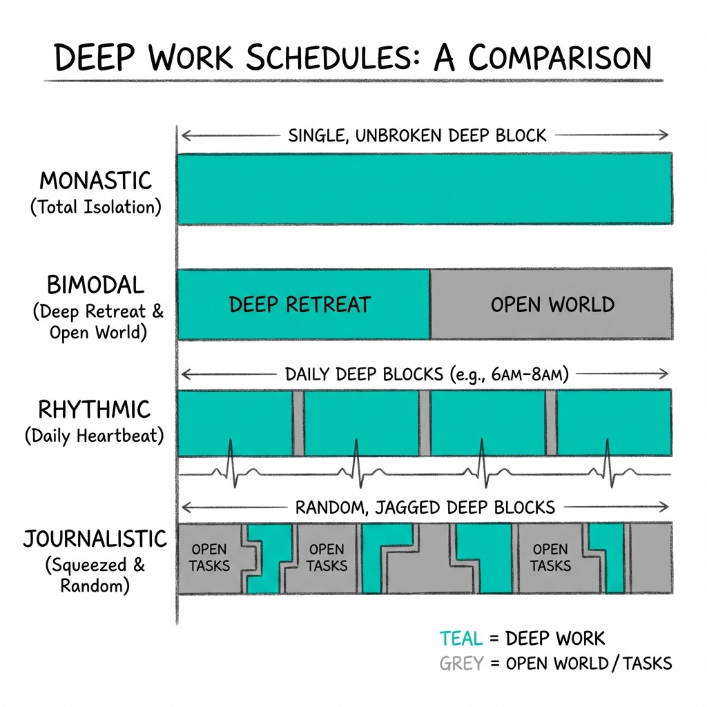 Four Scheduling Philosophies: Monastic, Bimodal, Rhythmic, and Journalistic approaches to protecting deep work