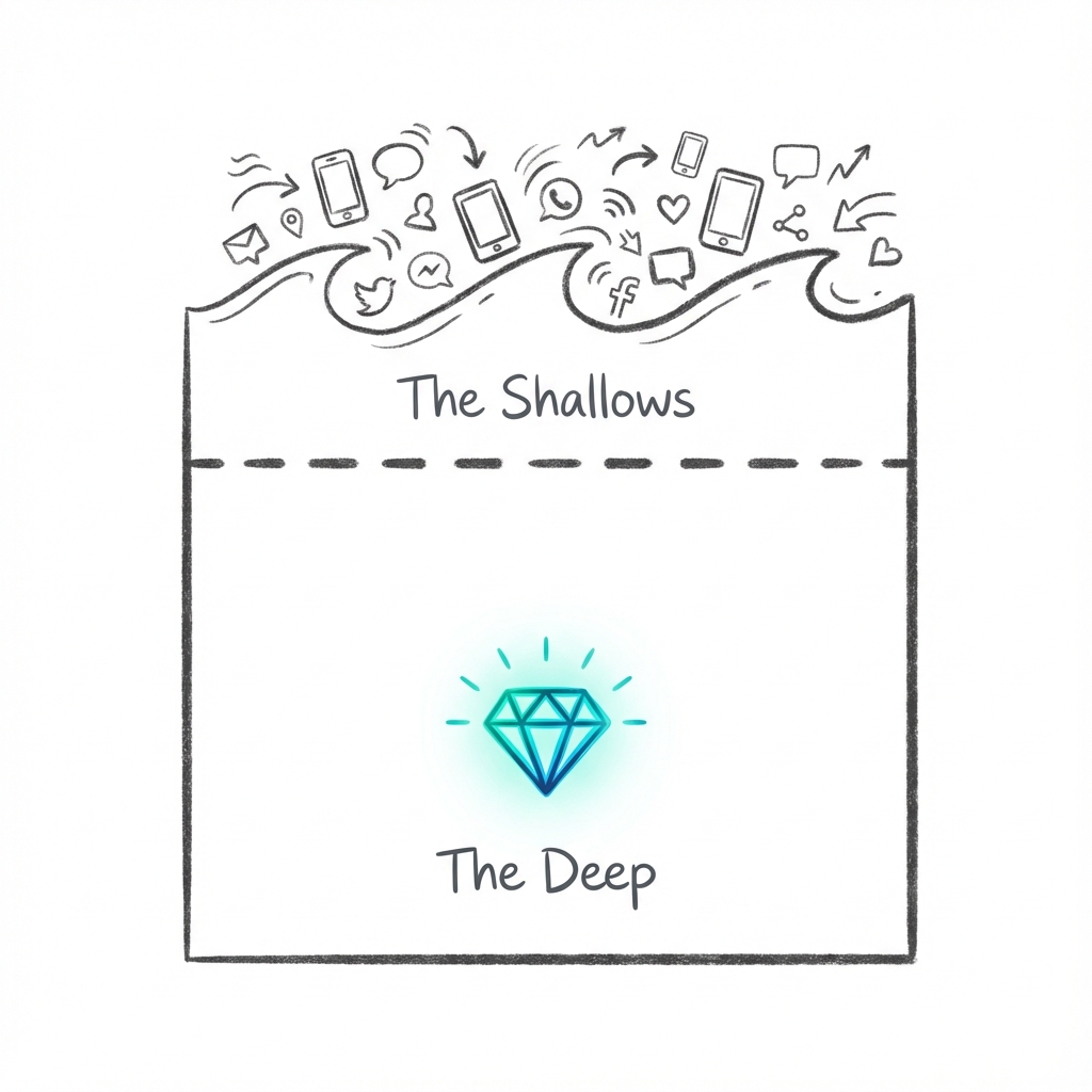 The Shallows vs. The Deep: a cross-section of an ocean showing the turbulent, icon-filled surface versus the calm, valuable depths