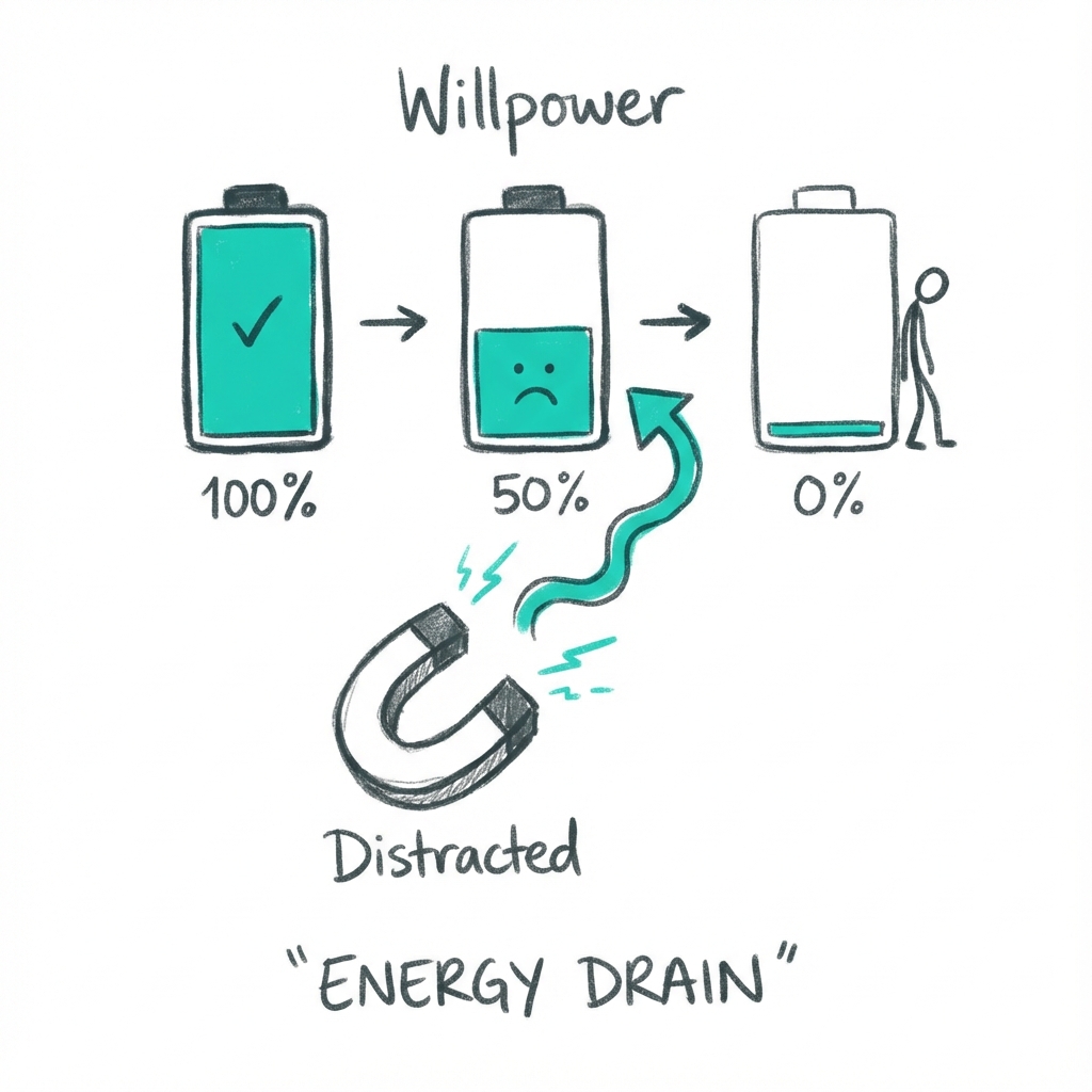 The Willpower Battery: showing how finite mental energy is drained by constant digital distractions