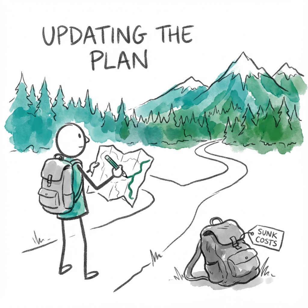 The Evolving Map: a hiker updating their plan at a crossroads, discarding the heavy weight of sunk costs for a new path ahead