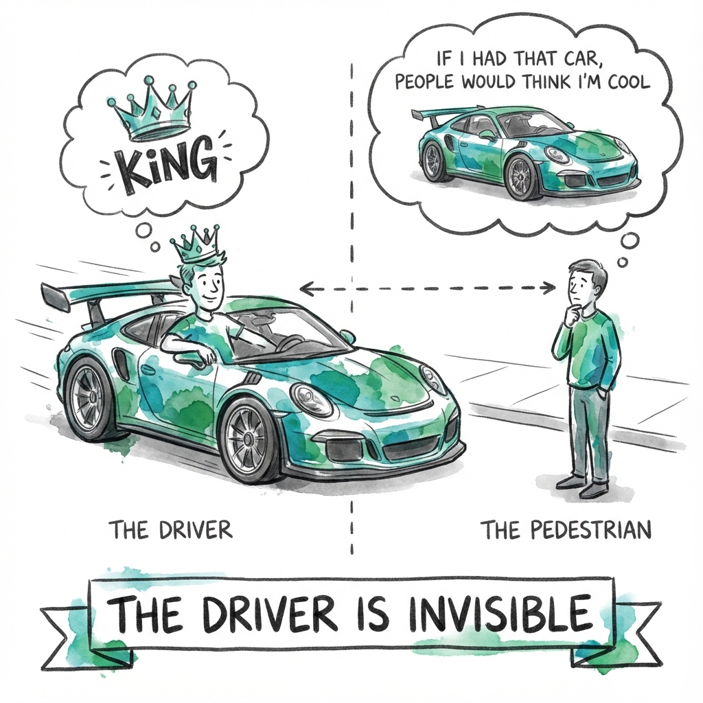 The Driver is Invisible: the driver feels like a king, but pedestrians only imagine themselves in the car, completely ignoring the driver