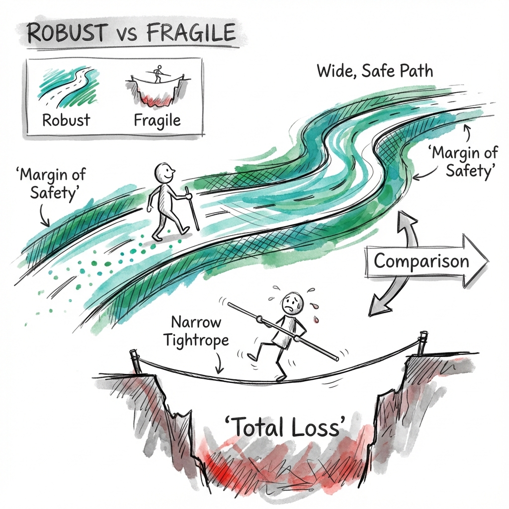 The Margin of Safety: a wide buffered path representing a robust plan versus a narrow tightrope representing a fragile one