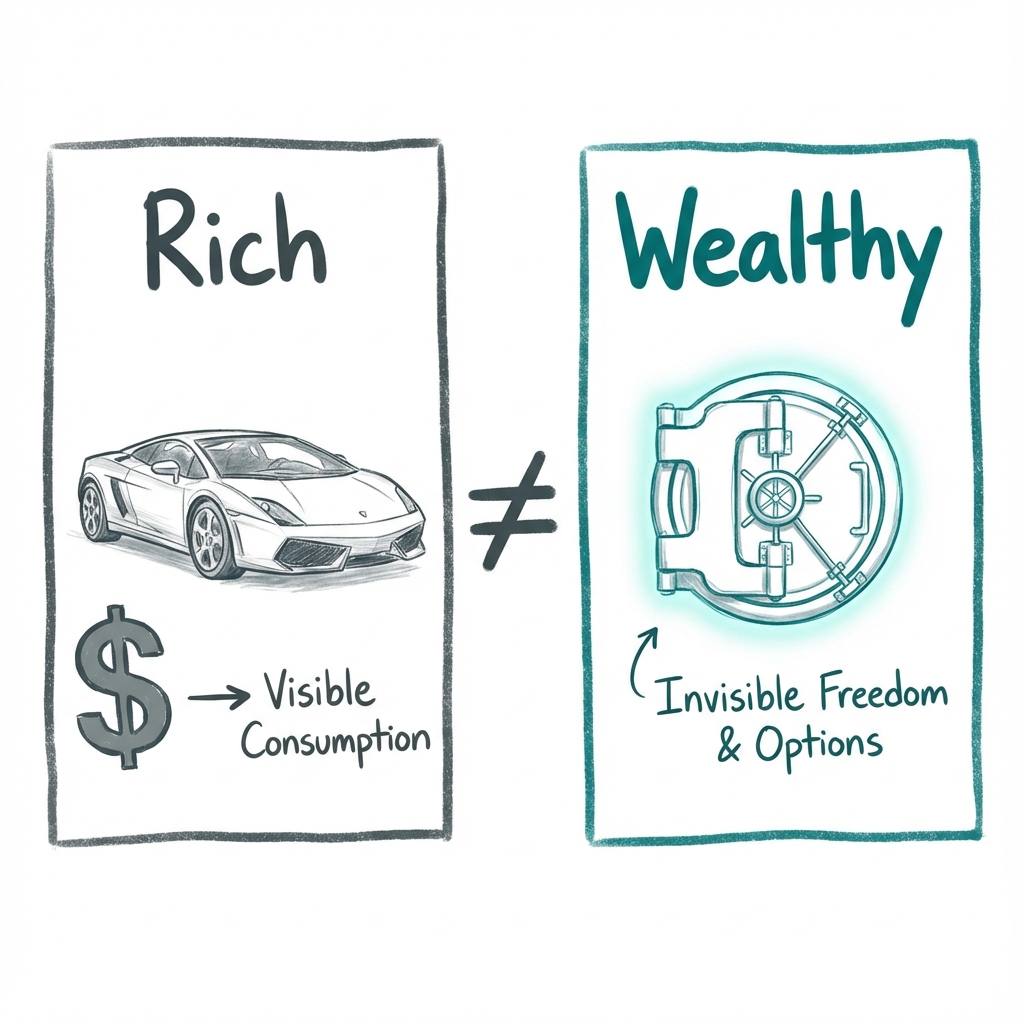 Rich vs. Wealth: rich is what you spend and see, wealth is the invisible money that buys freedom