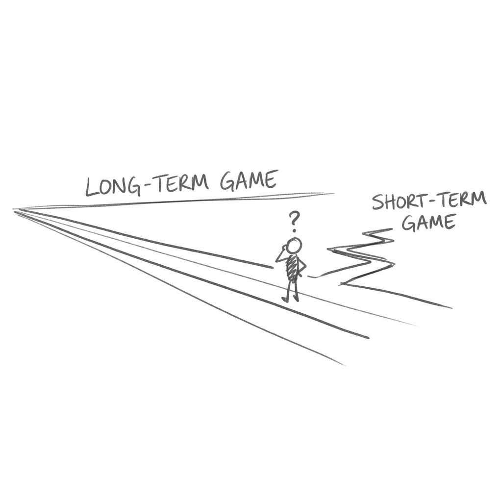 The Game Divergence: a long-term investor on a steady path distracted by a short-term trader's frantic zigzag