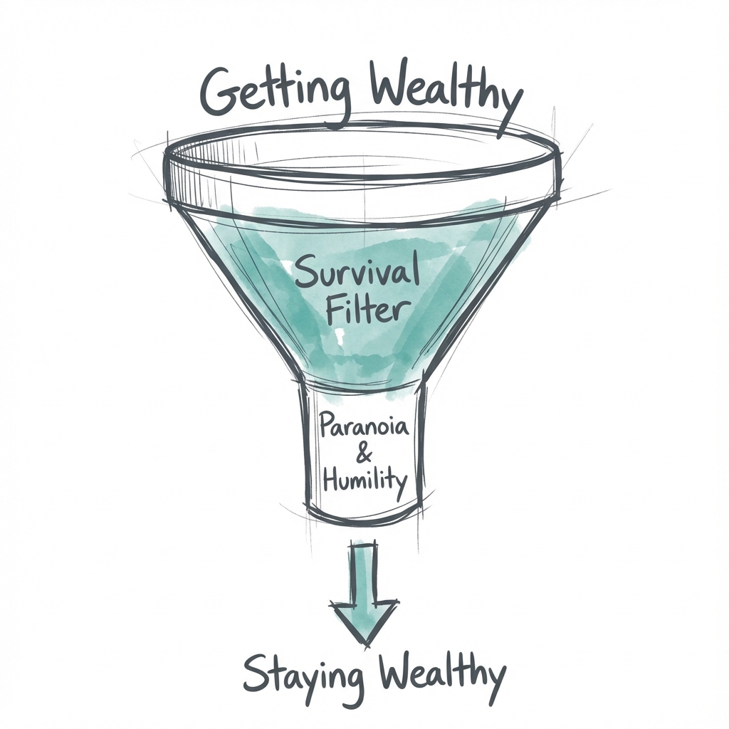 The Survival Filter: a funnel showing that getting wealthy is easy, but staying wealthy requires passing through the neck of paranoia and humility