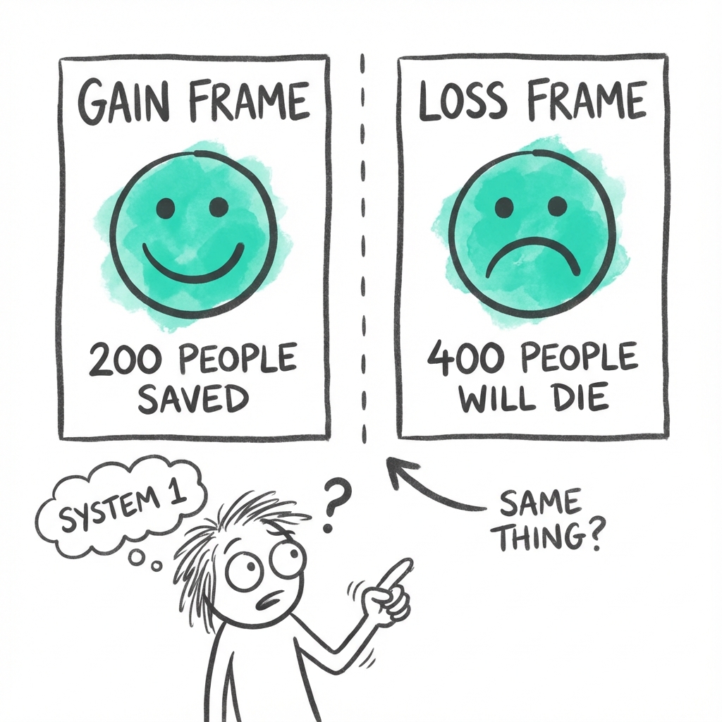 Framing: how a single program looks completely different when framed as 'saved' versus 'die', tricking our emotional decision-making