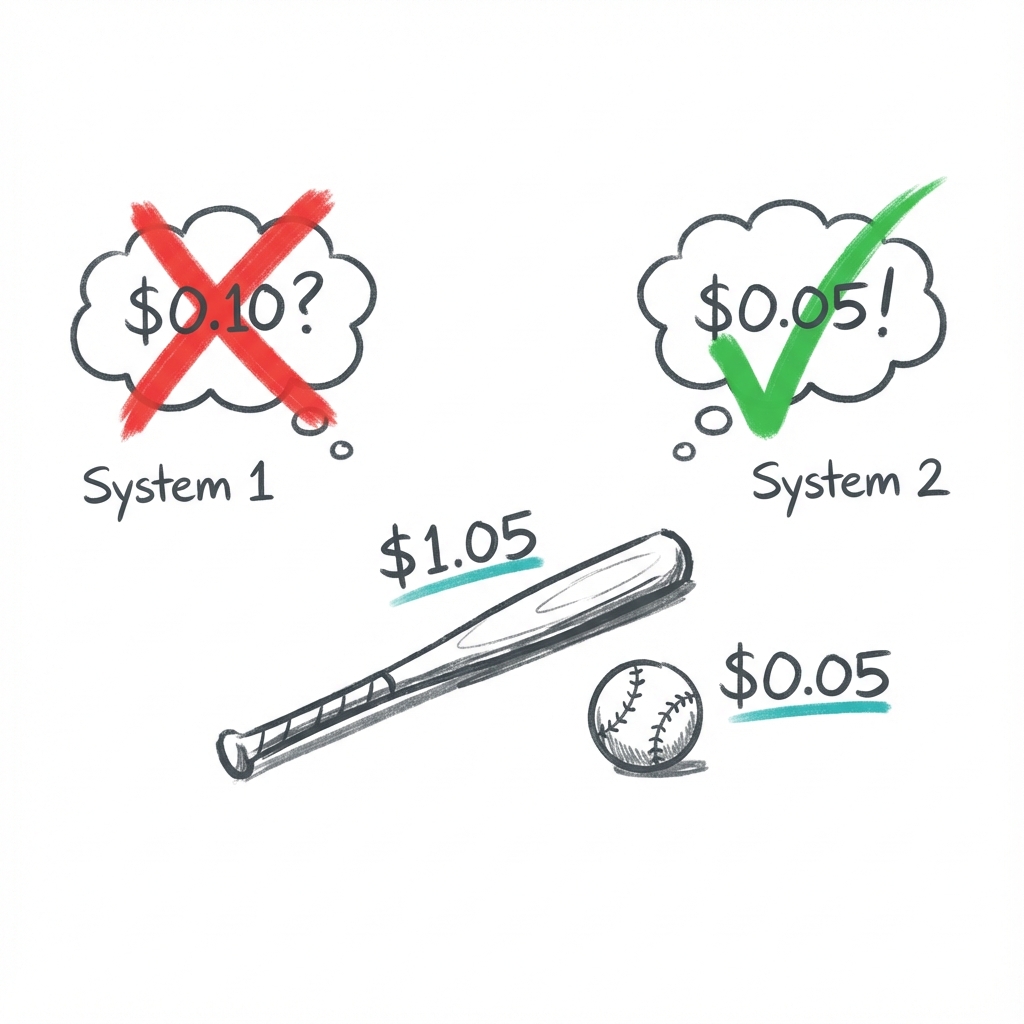 The Bat and Ball Puzzle: System 1 jumps to the intuitive but wrong answer of 10 cents. The correct answer is 5 cents