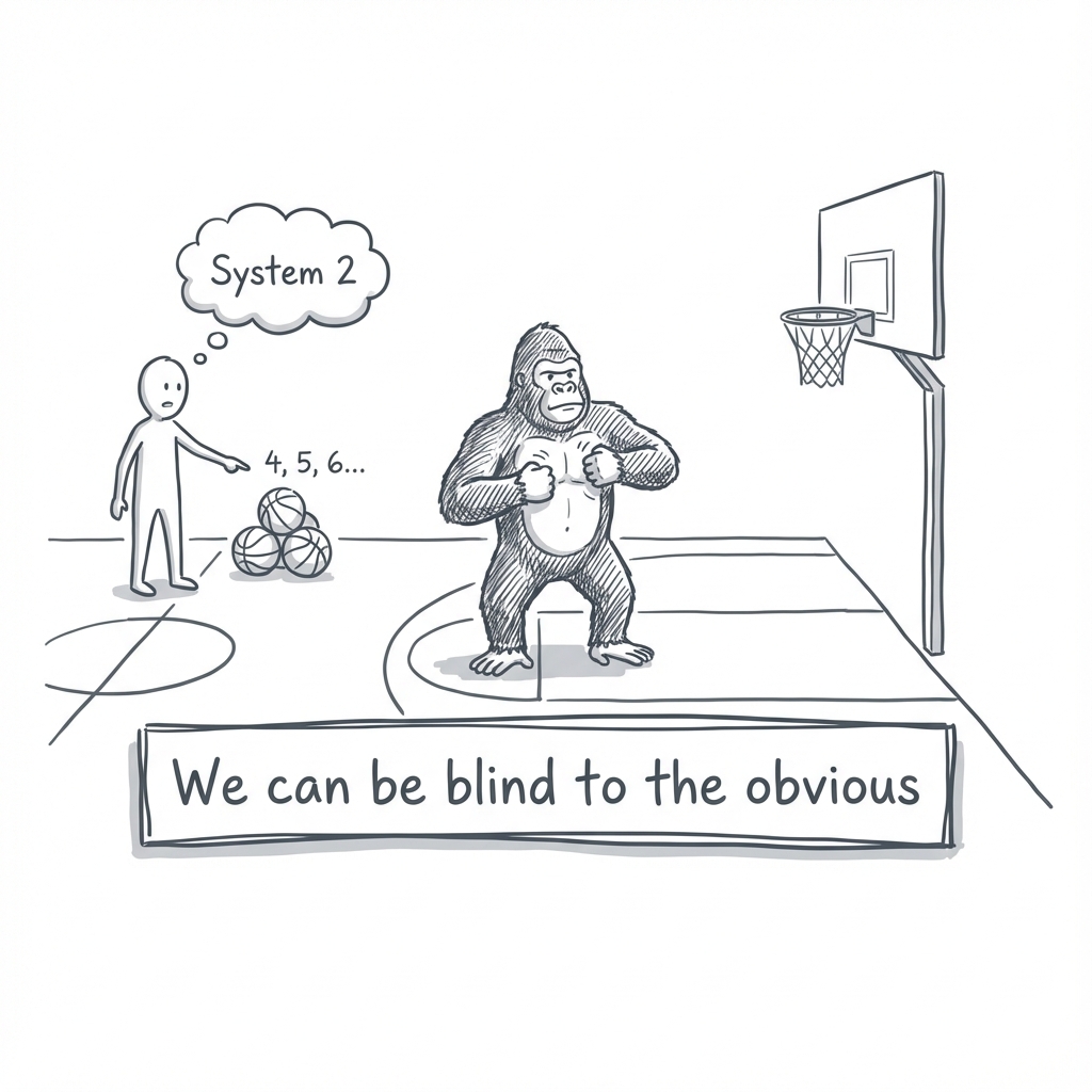 The Invisible Gorilla: how intense focus on a task (System 2) can make us blind to obvious stimuli, and blind to our own blindness