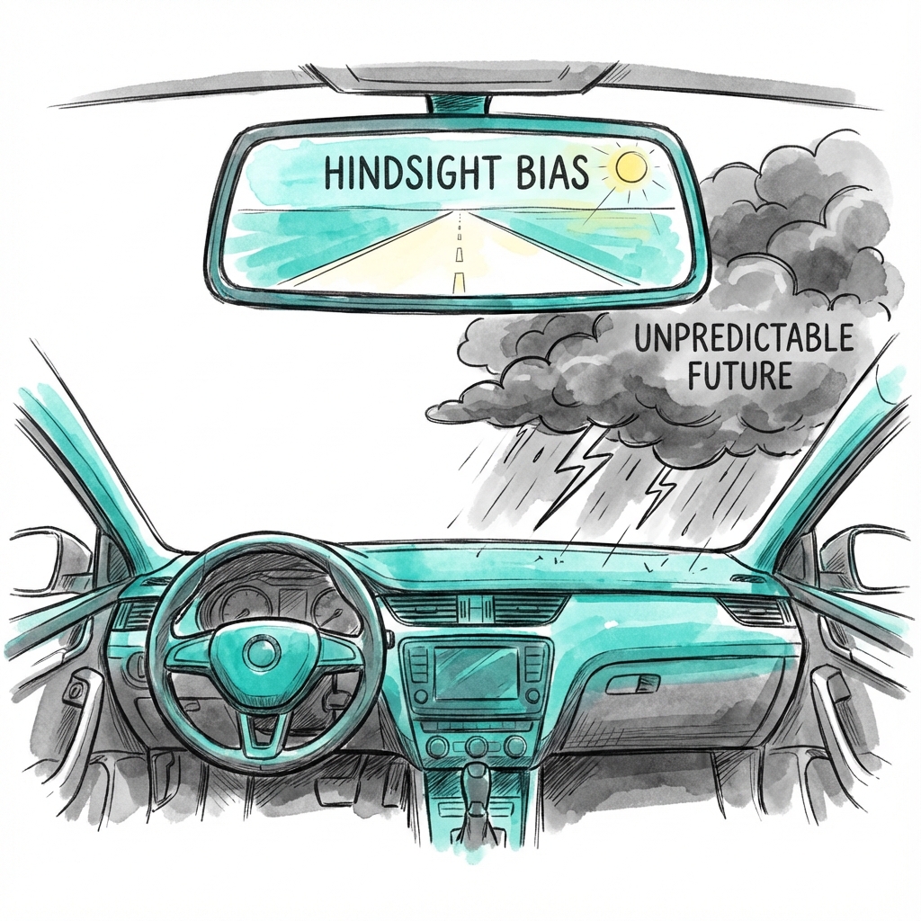The Rearview Mirror Illusion: we see the past as a clear, straight road (Hindsight Bias) while the future remains a stormy, unpredictable mess