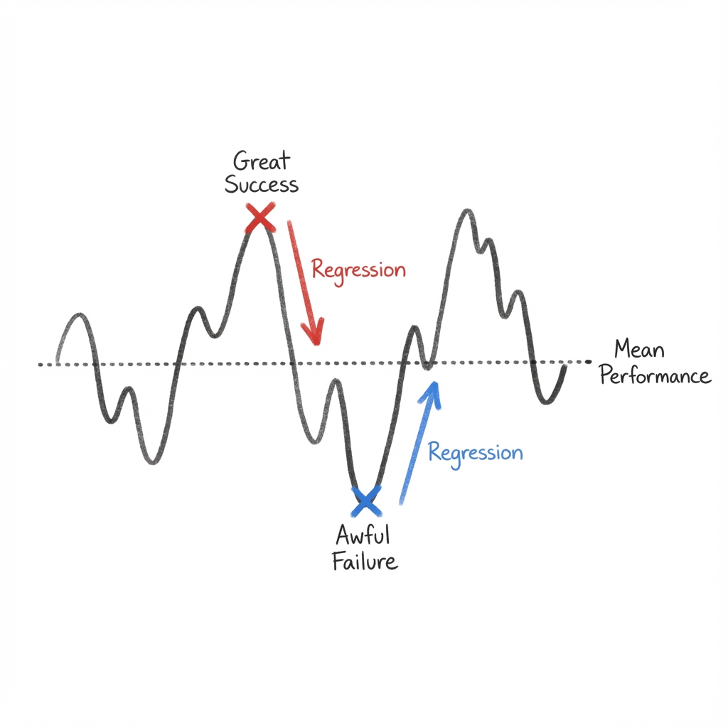 Regression to the Mean: outlier performances (Great Success or Awful Failure) inevitably drift back toward the average over time