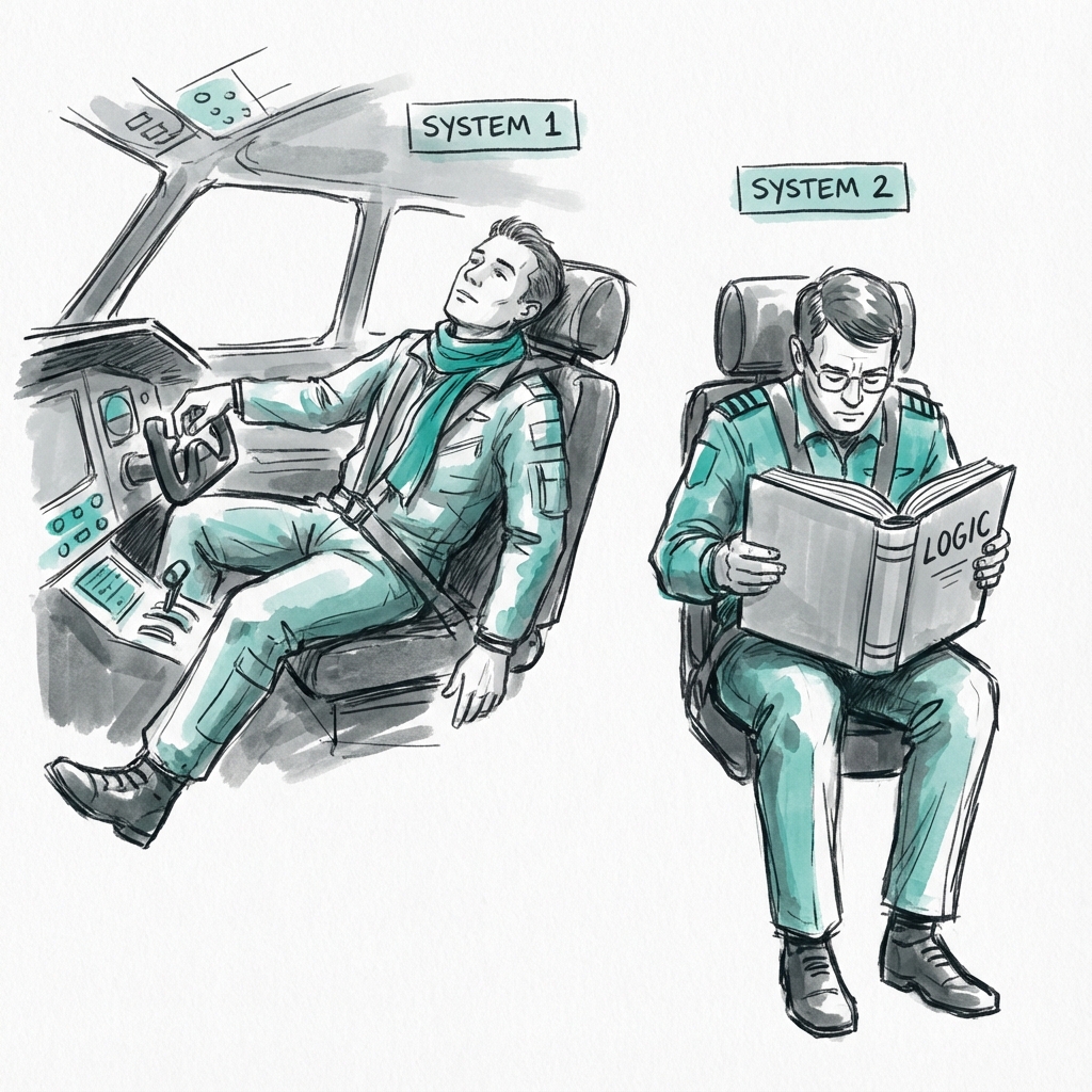 The Pilots of the Mind: System 1 acts as a relaxed autopilot while System 2 acts as a focused captain reading a manual