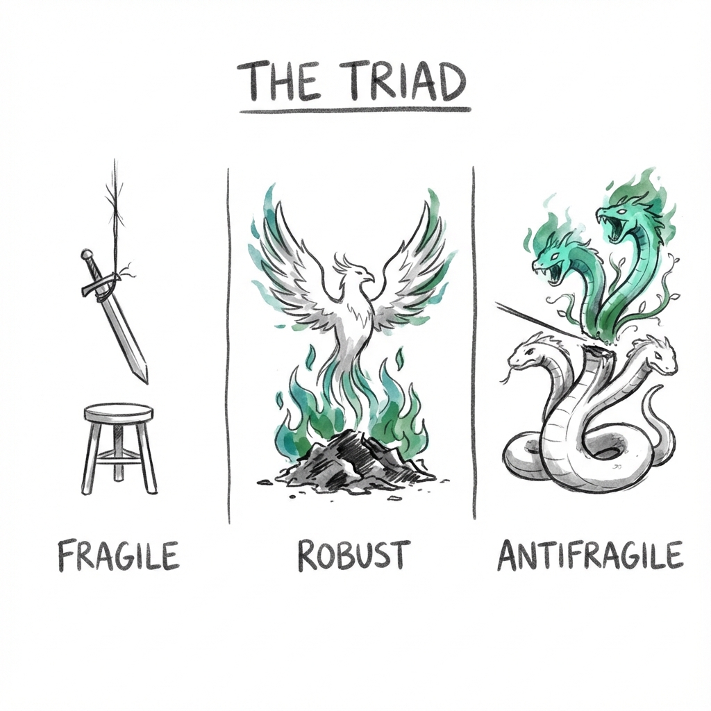 The Triad: Fragile (Damocles' sword), Robust (The Phoenix), and Antifragile (The Hydra) represent the three ways systems respond to stress.