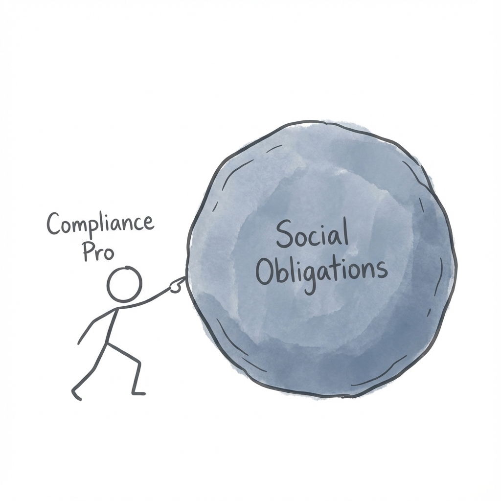 The Jujitsu of Influence: a small figure redirecting a massive boulder labeled 'Social Obligations' with a single finger
