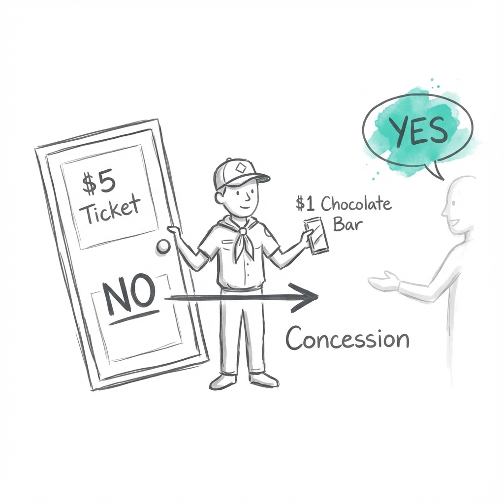 The Rejection-then-Retreat Technique: how moving from a large request (the $5 ticket) to a smaller one (the chocolate bar) triggers a reciprocal concession from the target