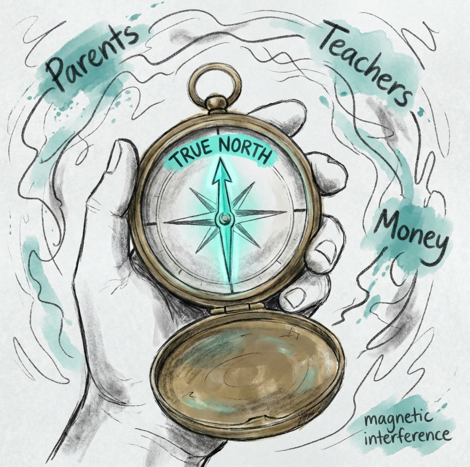 The Magnetic North: a compass points to your unique True North (your primal inclination), ignoring the magnetic interference of parents, teachers, and money.