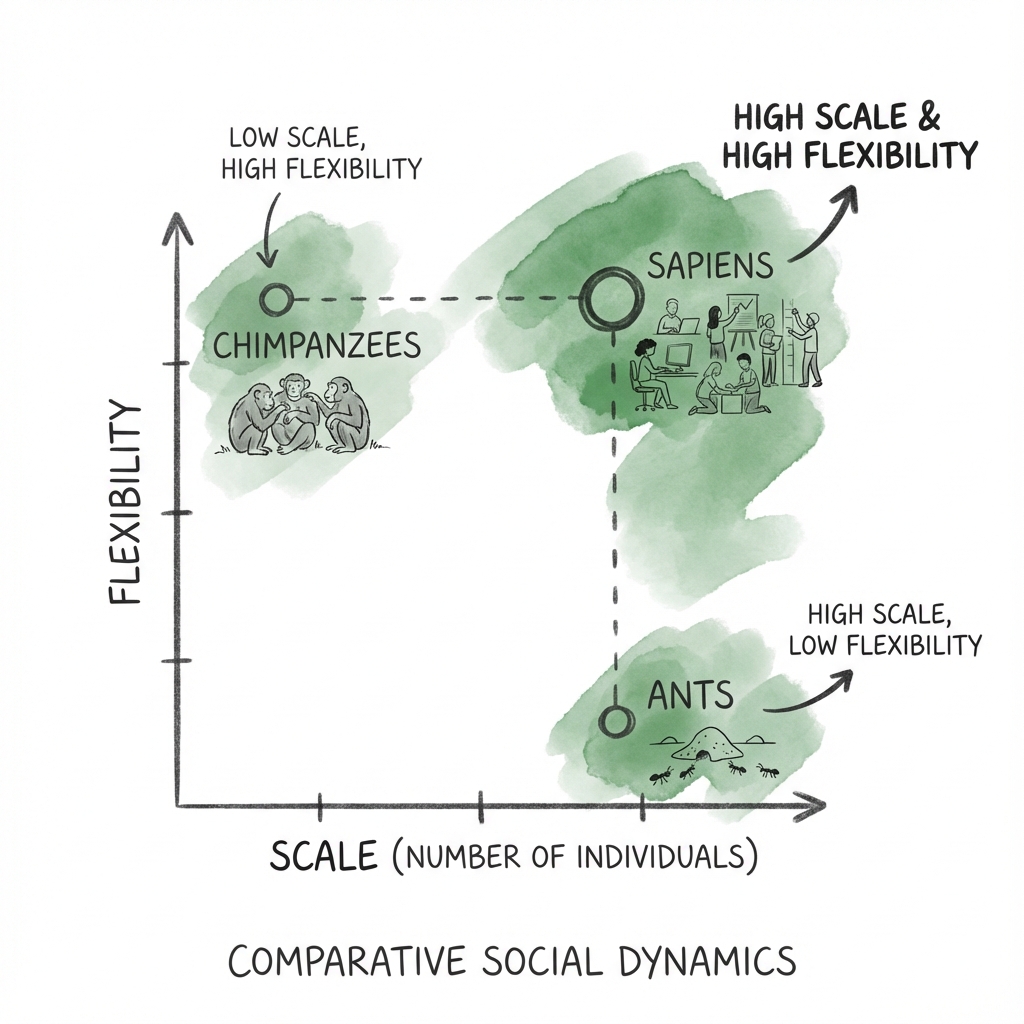 The Cooperation Matrix: Sapiens rule because we combine the scale of ants with the flexibility of chimpanzees
