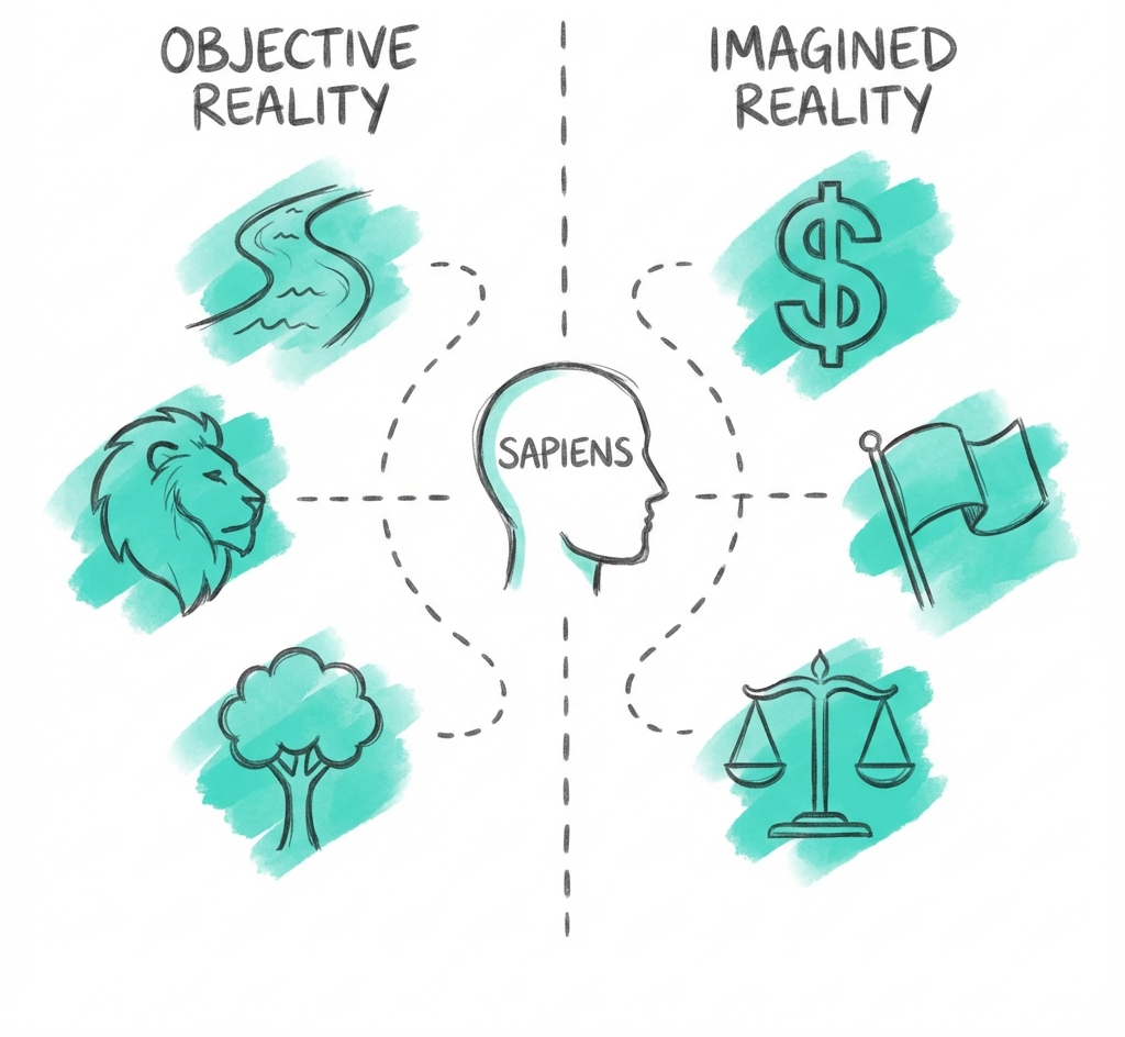 The Dual Reality: Sapiens live in both the objective world of nature and the imagined world of shared myths