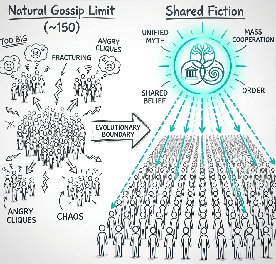 The Gossip Threshold: Natural gossip sustains groups of only ~150; shared fictions allow for cooperation among millions