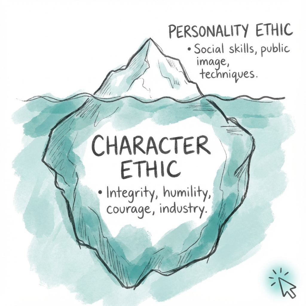 The Character Ethic Iceberg: the Personality Ethic is just the visible tip, while the Character Ethic forms the massive, foundational base of integrity and humility