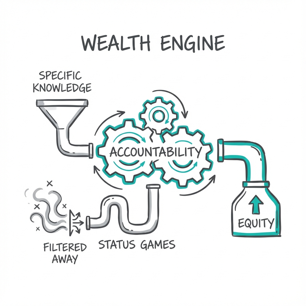 Wealth Engine: a mechanical system where Specific Knowledge fuels Accountability to produce Equity, while Status Games are filtered away