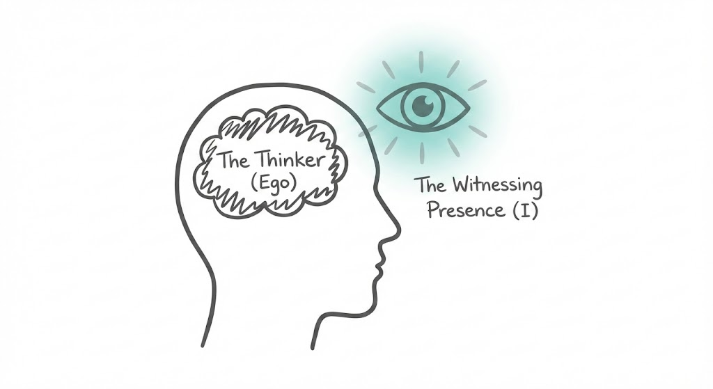 Illustration of a human profile showing a jagged Thinker cloud inside the head versus a radiant Witnessing Presence eye behind it.