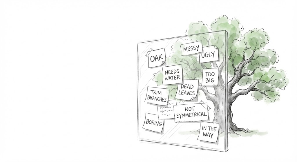 Illustration of a tree obscured by a translucent screen covered in sticky notes representing how mental labels block direct perception of reality.