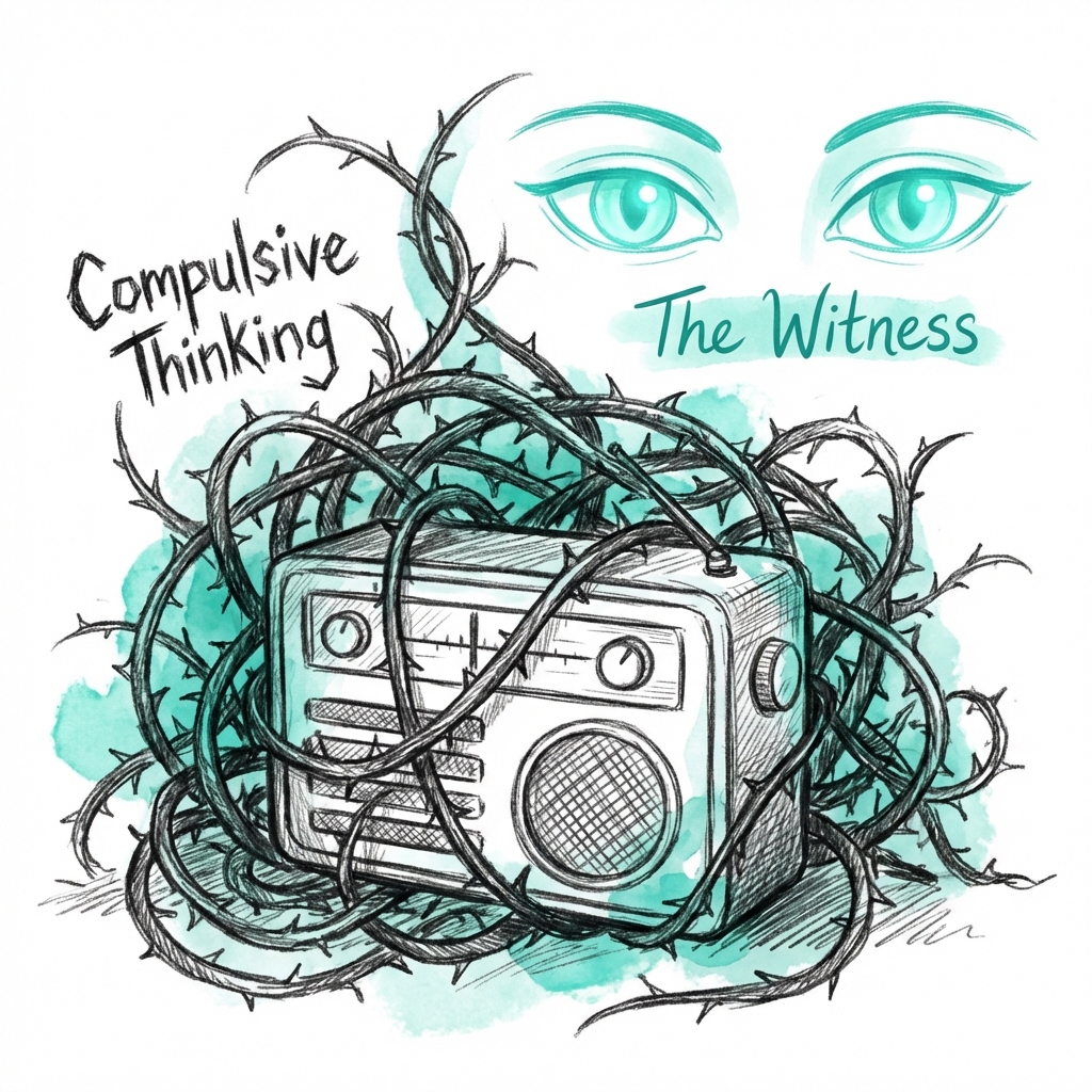 The Overgrown Radio: a vintage radio choked by the thorny vines of compulsive thinking, watched by the steady, radiant eyes of the Witness.