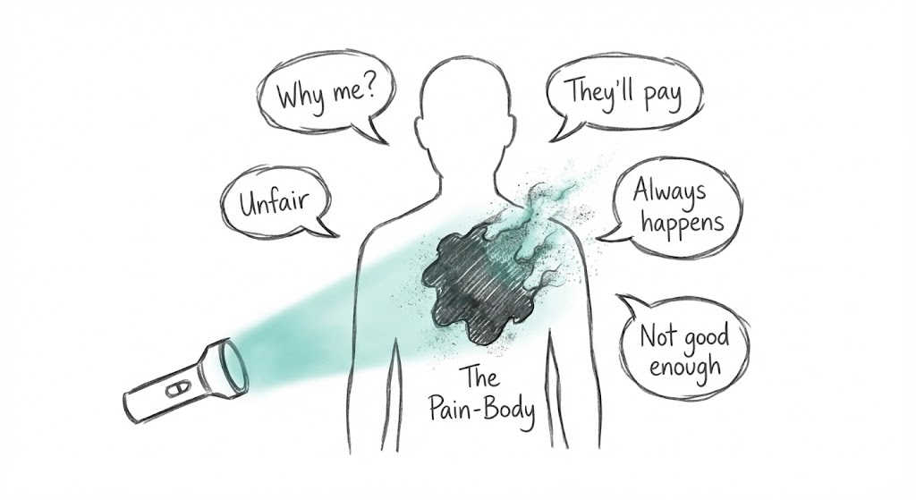 Illustration of a flashlight of Presence shining on a shadowy Pain-Body blob, causing it to dissolve.