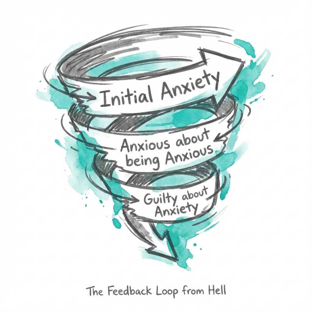 The Feedback Loop from Hell: self-judgment fuels a downward spiral where we become anxious about our anxiety, then guilty about that anxiety, compounding the original distress