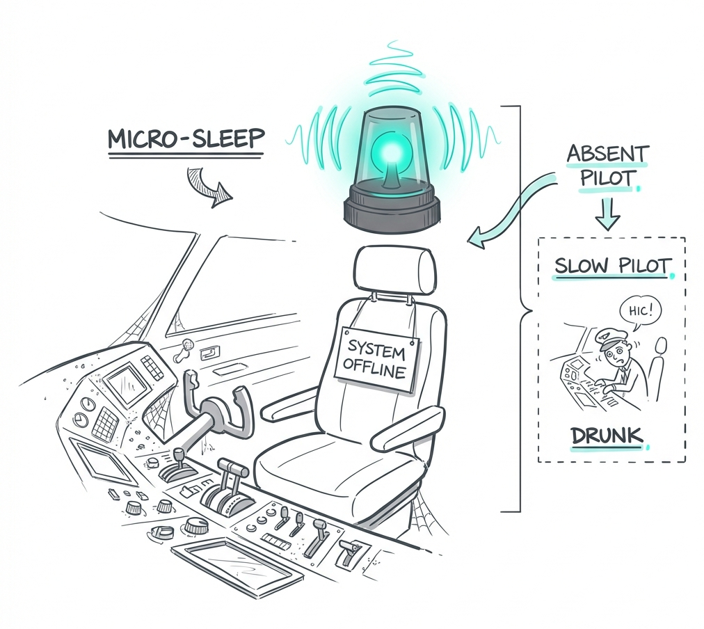 The Ghost Pilot: micro-sleeps mean the 'pilot' has completely left the cockpit, leaving the vehicle entirely unattended—unlike drunk driving, where the pilot is merely slow