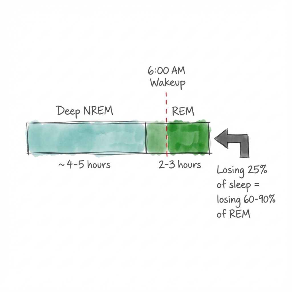 The 6:00 AM REM Amputation: how cutting sleep short by 25% disproportionately removes the REM-heavy end of the night