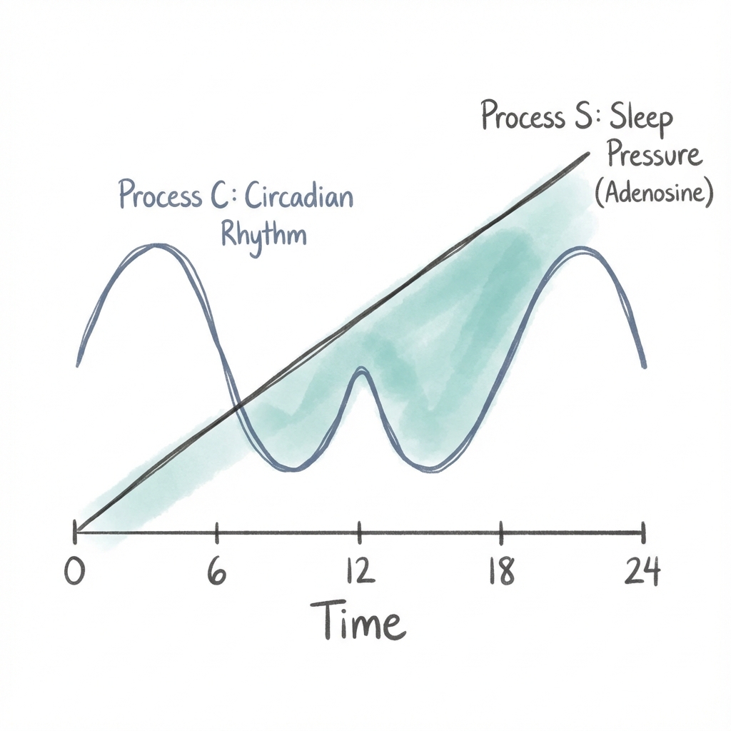 The Battle of Two Forces: how the oscillating Circadian Rhythm (Process C) interacts with the linear climb of Sleep Pressure (Process S)